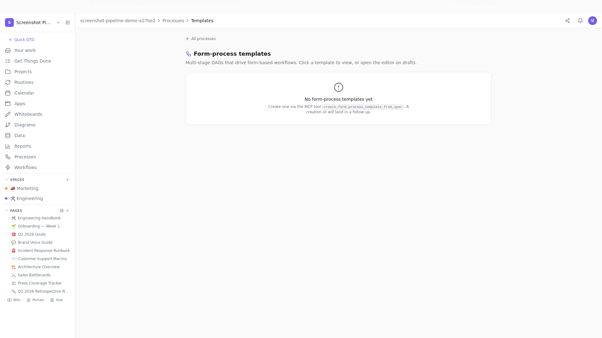 Process template library — every repeatable workflow lives here, with version history.