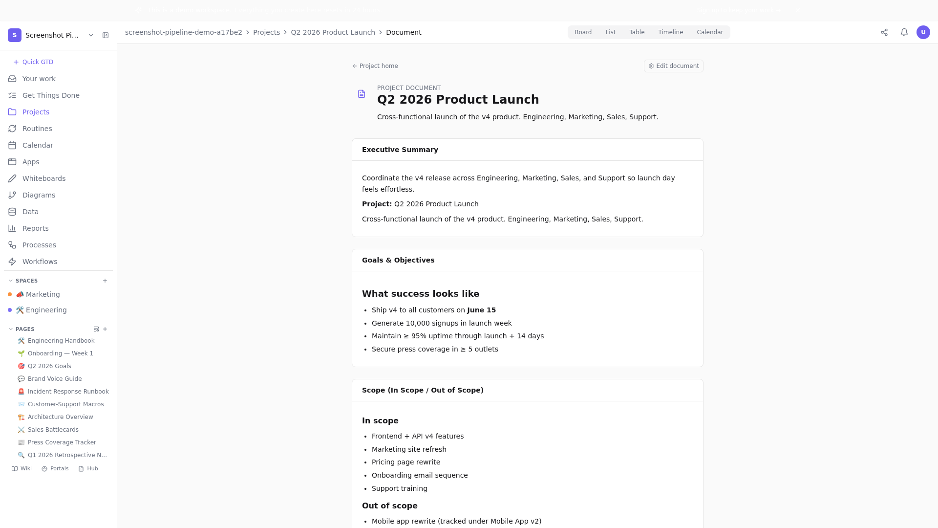 Every project in Tellzm starts with an 11-section PMO document — fill it before you fill the board.